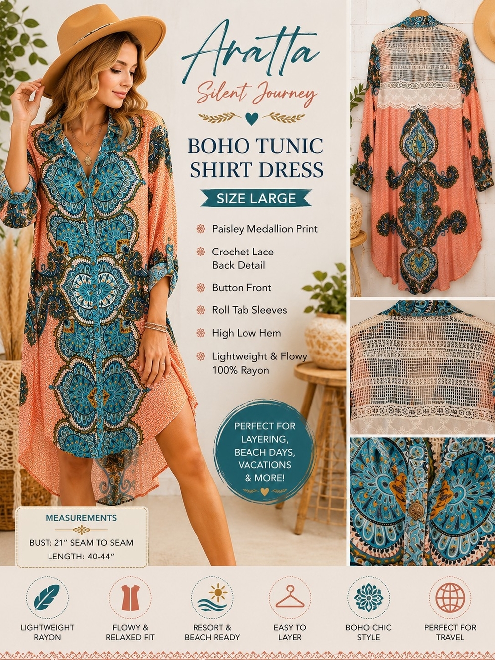 Aratta Coral Paisley Medallion Boho Tunic Shirt Dress Large